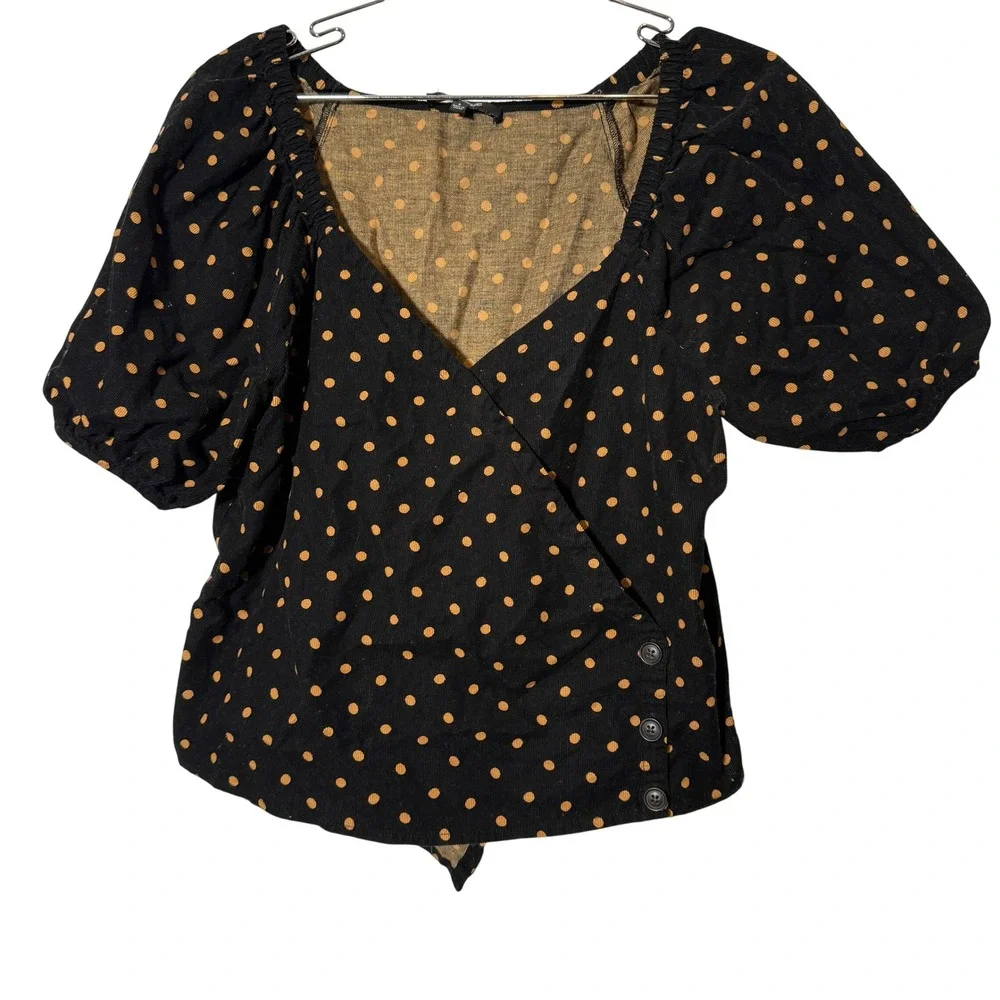 Madewell Wrap Top Womens Small Black Polka Dot Puff Sleeve Corduroy